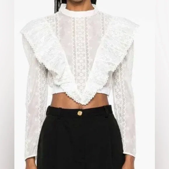Sandro Shena Floral-Embroidered Crop Blouse in White Size 8 - Picture 2 of 10